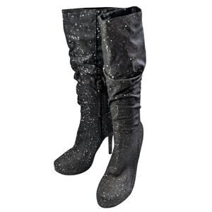 NWOT! ANDIAMO! SPARKLING SILVER MIDNIGHT BLACK STILETTO PLATFORM BOOTS! SZ 7.5M